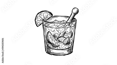 Hand-drawn sketch of a Caipirinha cocktail with lime and ice