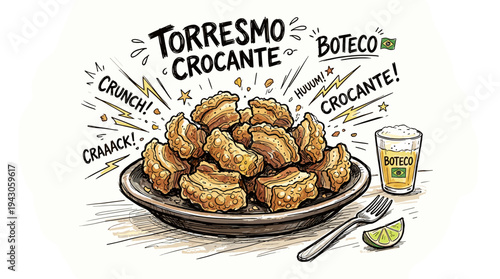Hand-drawn crispy torresmo with beer and lime at boteco
