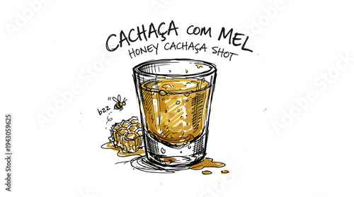 Hand-drawn honey cachaça shot with bee and honeycomb