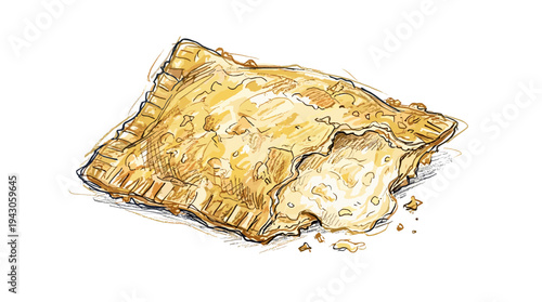 Hand-drawn sketch of a delicious cheesy pastry with filling oozing out