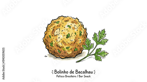 Hand-drawn illustration of bolinho de bacalhau with parsley