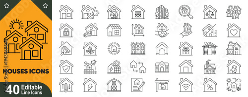Houses line icons set. Home, real estate, property, residential buildings, smart home and construction editable stroke vector collection.