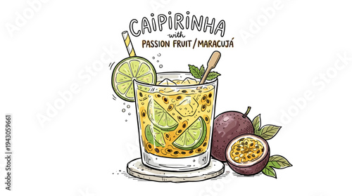 Doodle style Caipirinha cocktail with passion fruit and lime