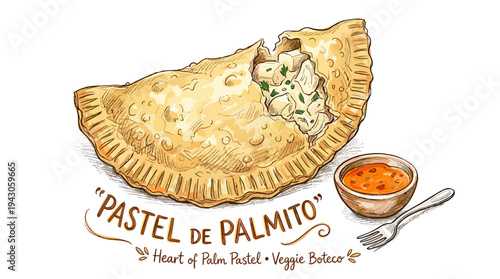 Hand-drawn pastel de palmito with dipping sauce and fork