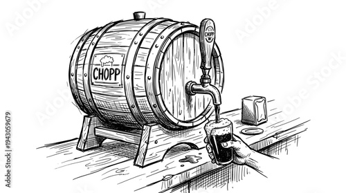 Hand pouring beer from wooden barrel into glass at bar counter