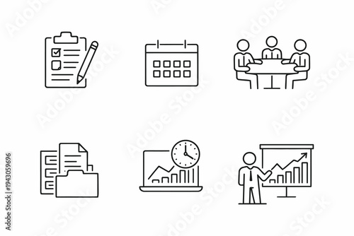 Six icons representing key elements of project management and planning
