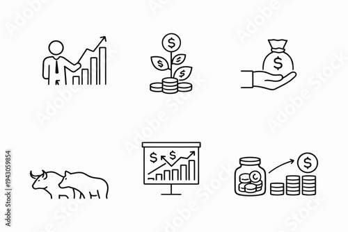 Six icons representing different aspects of financial growth and investment strategies