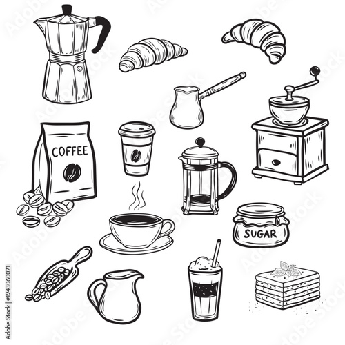 Coffee shop elements set, moka pot, croissant, coffee cup, french press, grinder and desserts, minimal line art vector illustration, EPS format