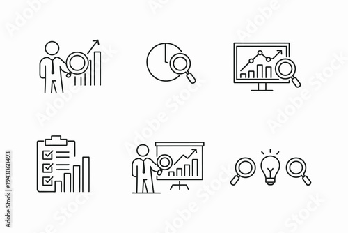 Illustrations depicting various aspects of data analysis and research processes