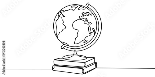 Continuous one line drawing world globe on books education concept