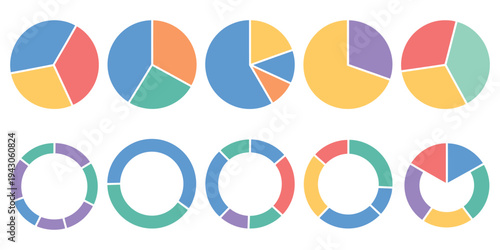 Circle division infographic icon set, showcasing round pie and donut charts with segmented wheel fractions and percentage parts for business analytics statistics reports and data visualization isolate