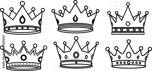 A collection of six different crown illustrations in black and white