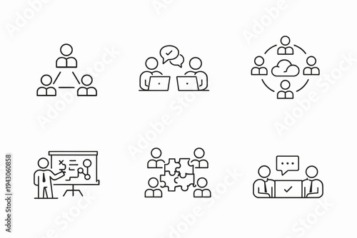 Six distinct illustrations depicting various teamwork and collaboration methods in a group setting