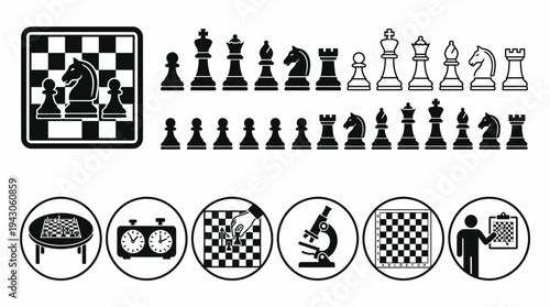 Vector chess silhouettes icons set board pieces king queen rook bishop knight pawn strategy logos tournament club branding educational design modular black white illustration collection