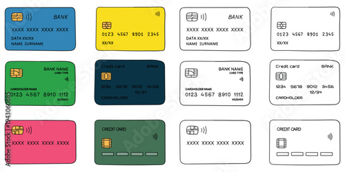 Hand-drawn cartoon and doodle set of bank cards on a white background.