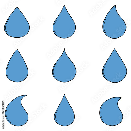 Hand-drawn cartoon set of blue drops of water on a white background.
