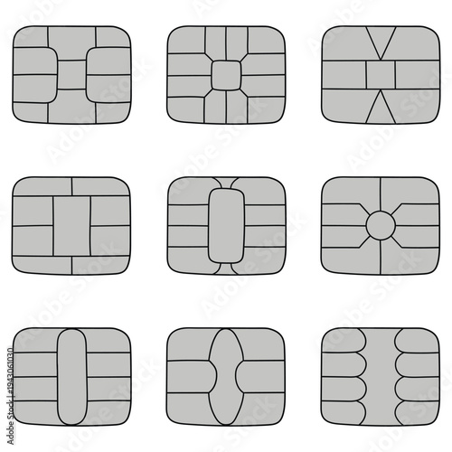 Hand-drawn cartoon set of silver EMV chips on a white background.