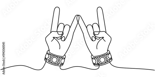 Continuous one line drawing hands making rock gesture minimalist
