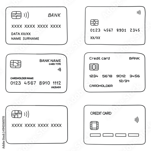 Hand-drawn doodle set of bank cards on a white background.