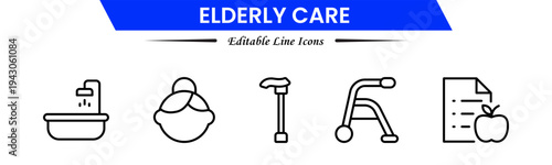 Elderly icon set. elderly care, pension, vision loss, and more. line icon style. old age element vector illustration