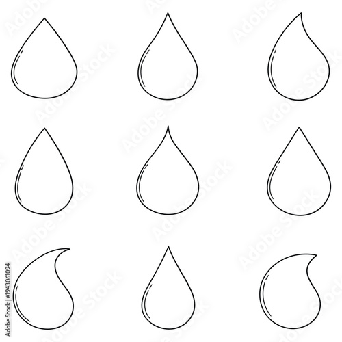 Hand-drawn doodle set of drops of water on a white background.