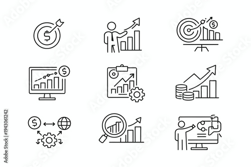 Illustrations depicting various aspects of financial growth and analysis strategies