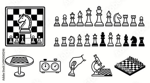 Vector chess silhouettes icons set board pieces king queen rook bishop knight pawn strategy logos tournament club branding educational design modular black white illustration collection