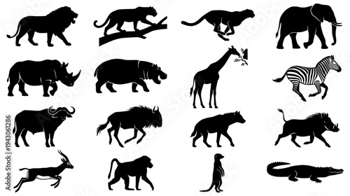 Collection of sixteen black safari animal silhouettes including big five and savanna species