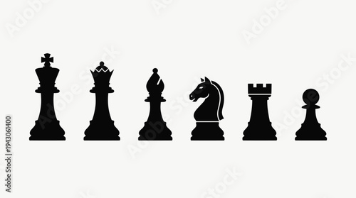 Vector chess pieces icons set king queen rook bishop knight pawn battle board arrangement silhouette design educational branding modular black white strategy illustration collection