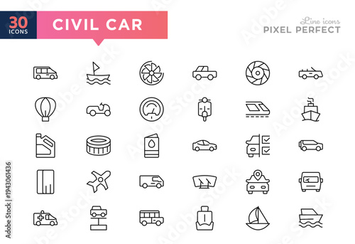 Civil car line icon set. Vehicle, transport, bicycle, car, boat, train, plane, motorcycle, truck, flight, parachute, skateboard, van, buggy, rocket, bus outline icons. Vector stroke