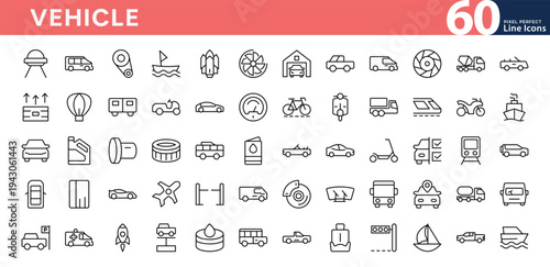Vehicle line icon set. Transport, bicycle, car, boat, train, plane, motorcycle, truck, flight, parachute, skateboard, van, buggy, rocket, bus outline icons. Vector stroke