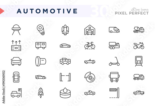 Automotive line icon set. Vehicle, transport, bicycle, car, boat, train, plane, motorcycle, truck, flight, parachute, skateboard, van, buggy, rocket, bus outline icons. Vector stroke