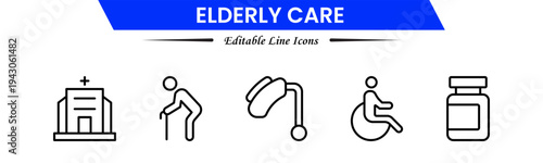 Elderly icon set. elderly care, pension, vision loss, and more. line icon style. old age element vector illustration
