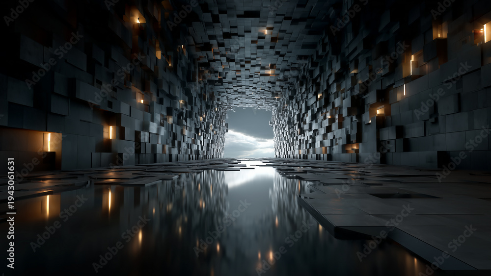 Fototapeta premium 暗いブロック状の壁と奥に見える白い光の出口の抽象背景素材