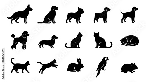 Black silhouette icons of domestic animals including various dog breeds cats rabbit parrot and hamster