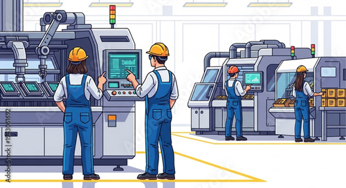 Industrial Workers Operating Machinery Factory.