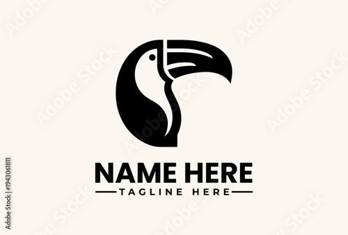 A stylized black and white illustration of a toucan's head logo with a placeholder name and tagline on a clean background
