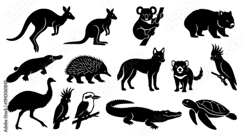 Set of Black Australian Animal Silhouettes Including Kangaroo Koala Wombat and Platypus