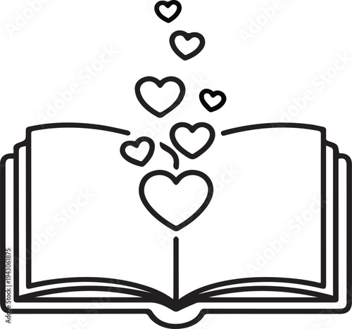 Open book with hearts flying out, symbol of love for reading and stories, romantic literature concept