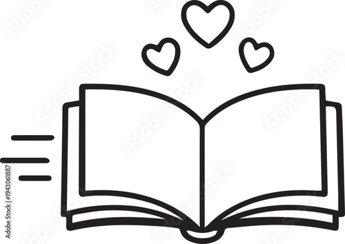 Open book with hearts flying up, abstract representation of knowledge and imagination, romantic reading