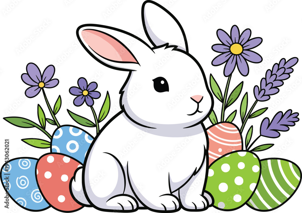 Obraz premium Easter day vector illustration of a white bunny with colorful eggs and flowers