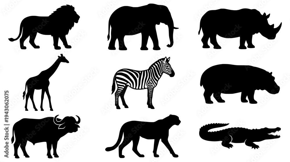 Obraz premium Collection of black African safari animal silhouettes including lion elephant rhinoceros and zebra