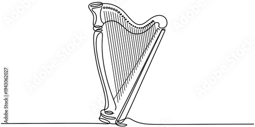 Continuous one line drawing harp musical instrument minimalist outline