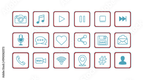 Flat interface icon collection including music, video, message, camera, phone, and social media symbols.
