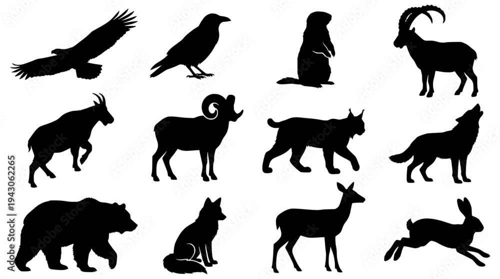 Fototapeta premium Alpine Wildlife Silhouette Set Including Bear Wolf Eagle Lynx and Bighorn Sheep