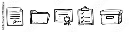 Set of hand-drawn business and office icons featuring a signed document, file folder, certificate, checklist, and storage box. Black ink sketch style on white background.
