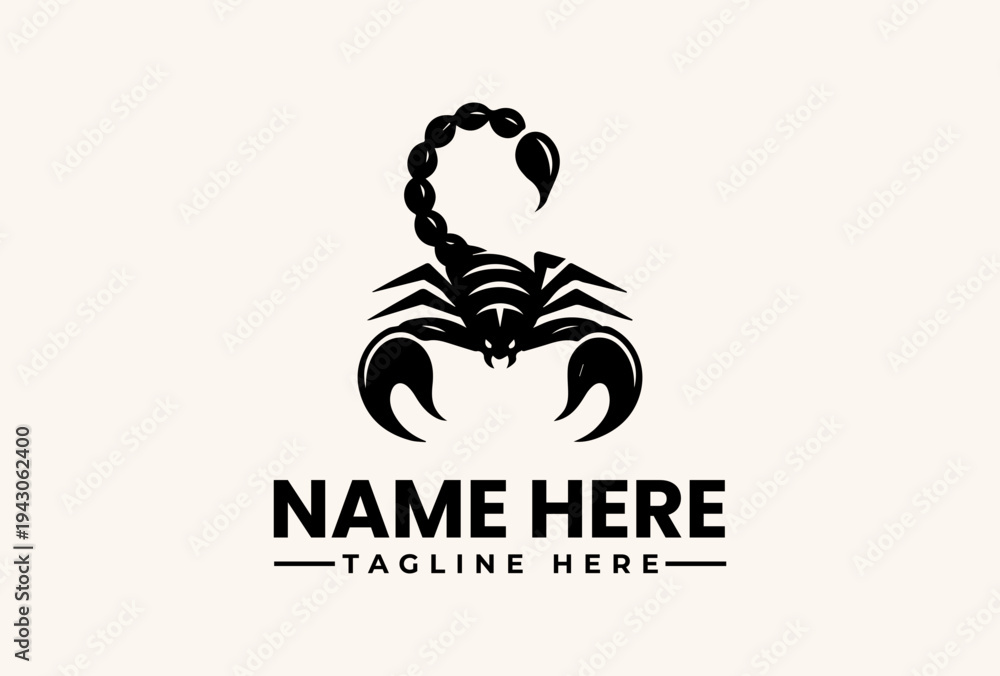 Fototapeta premium A black scorpion logo with a customizable name and tagline on a beige background, featuring a vector illustration style with a bold, modern design.