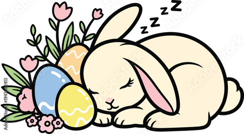 Easter day vector illustration of a sleeping bunny with eggs and flowers