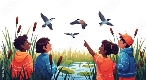 Diverse children explore World Wetlands Day with binoculars observing birds flying over a serene river landscape with lush greenery and cattails