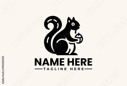A black and white illustration of a squirrel holding an acorn, with placeholder text for a logo and tagline on a beige background.